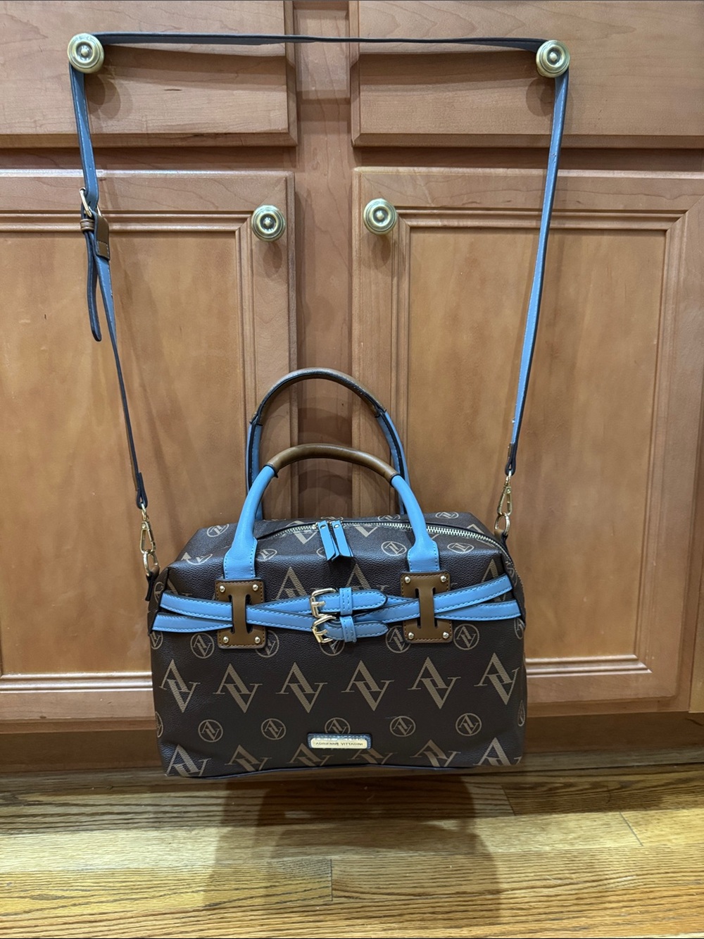 Adrienne Vittadini Brown Satchel with Sky Blue Trim